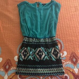 Chic Teal and Black Geometric Dress